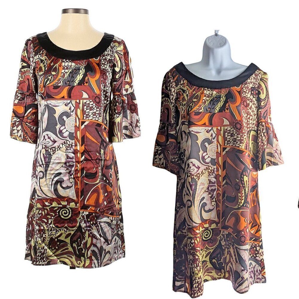 NWOT Vintage Y2K SINGLE DRESS 100% Silk Satin Abstract Mixed Print Mini Dress Si